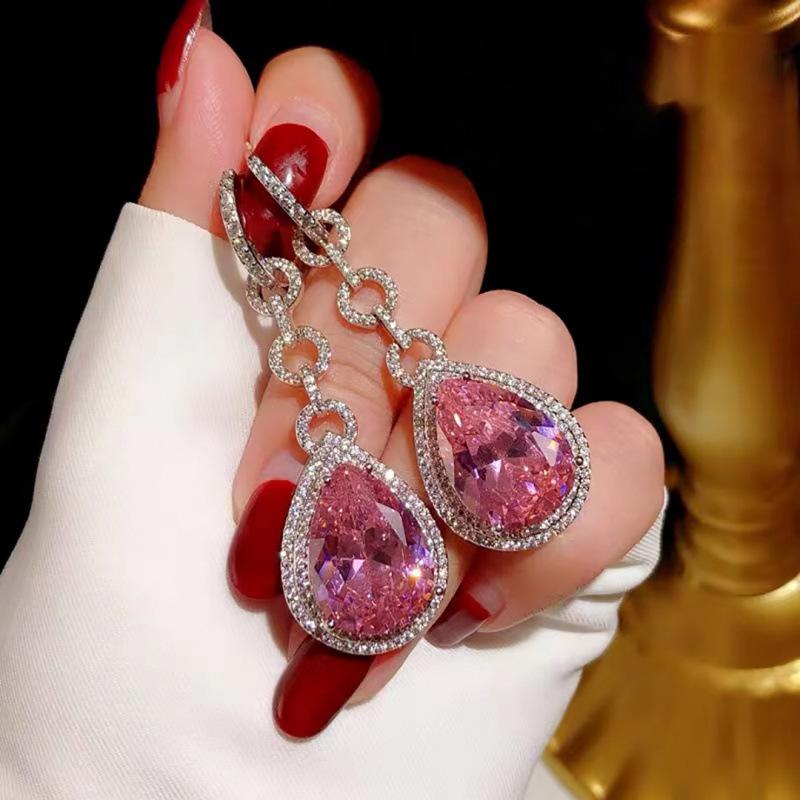 Elegant Large Pink Cubic Zirconia Teardrop Earrings and Pendant Set - Crystal Bridal Jewelry for Women