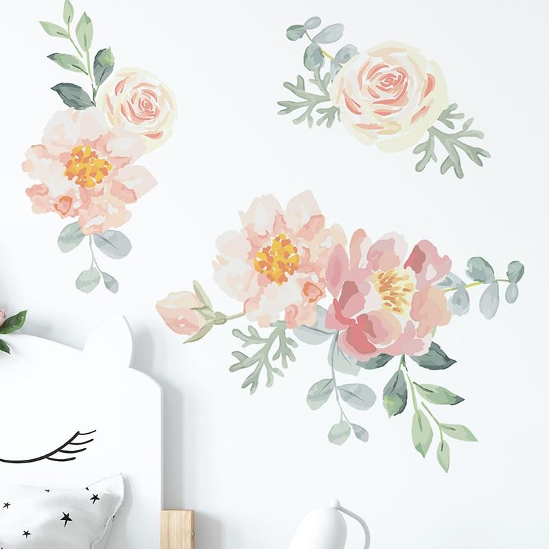 Watercolor Flowers Wall Stickers Room Decoration Peony Rose Wall Decals Baby Nursery Living Room Bedroom PVC Removable Wallpaper