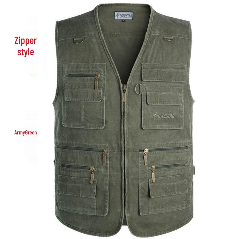 Spring & Autumn Men's Plus Size Cotton Multi-pocket Sleeveless Fishing Vest for Middle-aged & Elderly