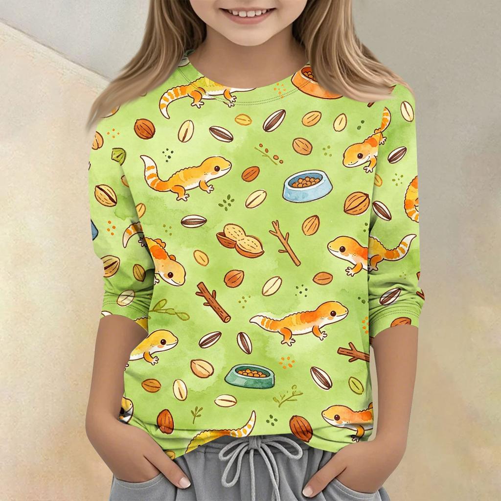 Kinder Tierdruck Rundhals Dreiviertelarm Lässiges T-Shirt Weicher Leichter Stoff Bequeme Passform Geeignet für den Alltag