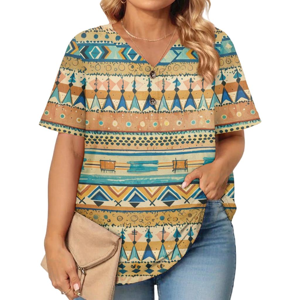 Women's Fashion Casual Printed V-Neck Short Sleeve Large Size T-Shirt Top