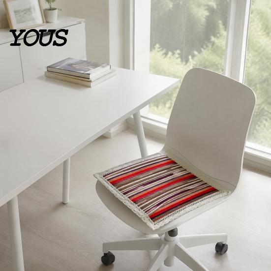 Breathable Office Chair Mat Cotton Linen Pad with Ties, Square Summer Seat Lace Decorative Trim, 15.75" x Washable for Dining Rattan