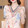 New Fashion T-shirt Tops  Summer High End V-neck Satin Print Splicing Fashion Trendy Women's