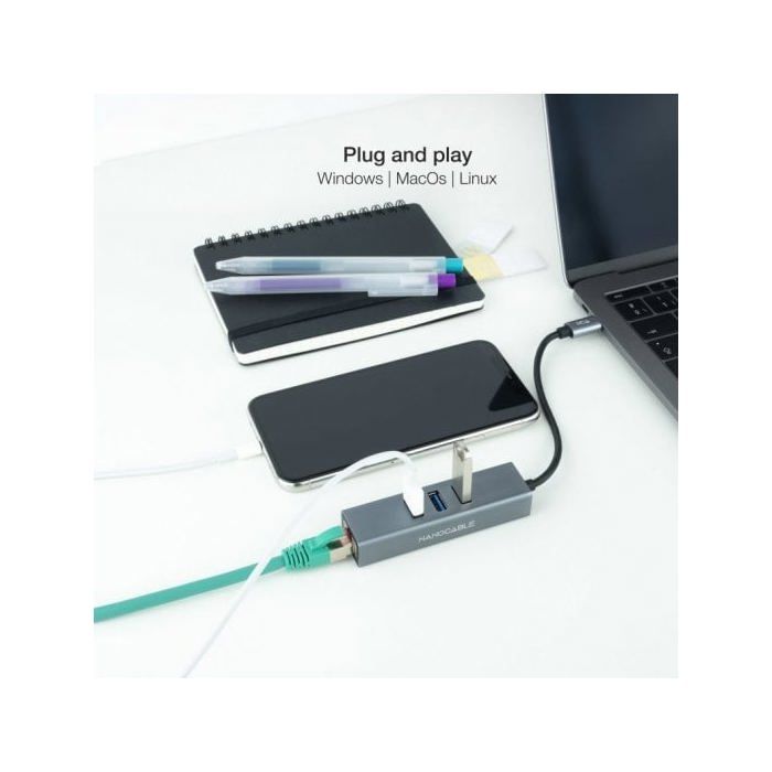 NANOCABLE 10.03.0408 - Convertisseur USB-C vers Gigabit Ethernet + 3XUSB 3.0, Aluminium, Gris, 15cm