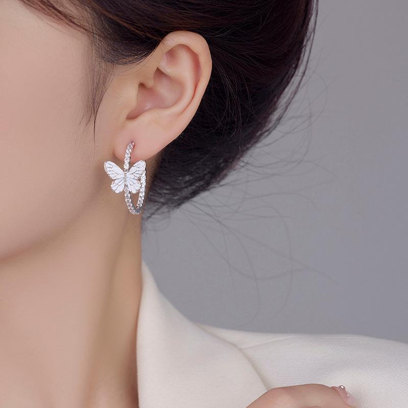 White Butterfly Earrings Super Flash Circle Three-Dimensional Micro-Inlaid Zircon Fashionable Light Luxury Elegant Drop Glaze Round Flower Earrings