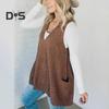 Women Sweater V-neck Sleeveless Solid Color Knitting Vest with Pockets Ribbed Trim Loose Fit Mid-length Casual Knitwear