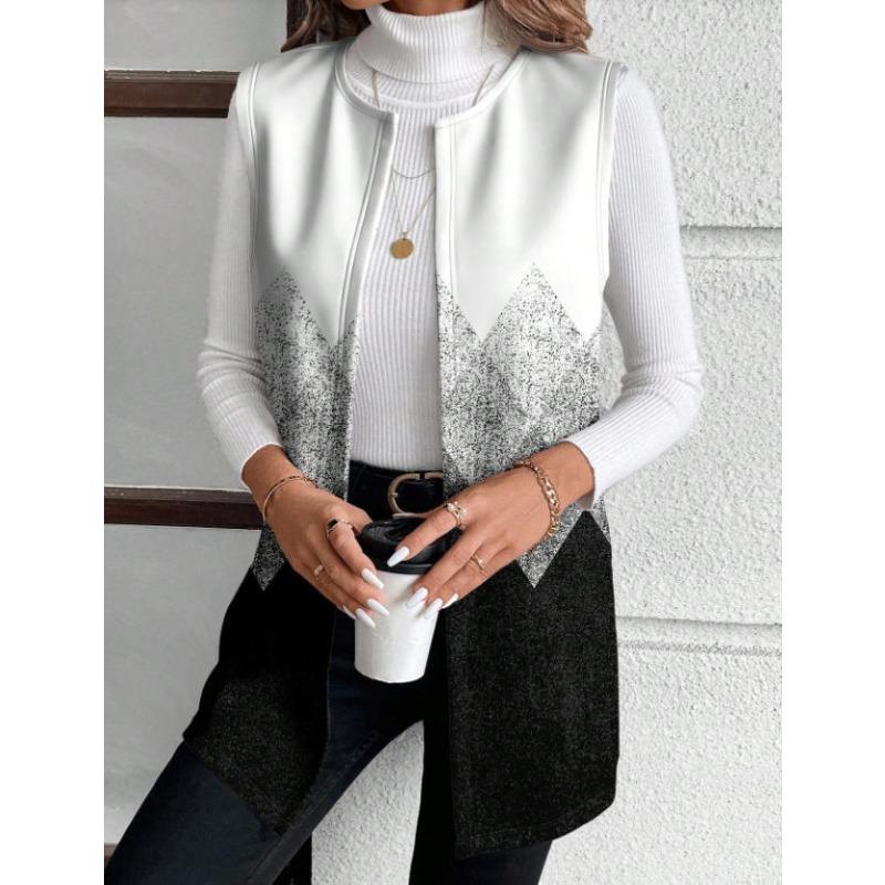 TIFICY Women's Fashion Casual Colour Block Print Spring Fall Sleeveless Vest Jackets & Coats