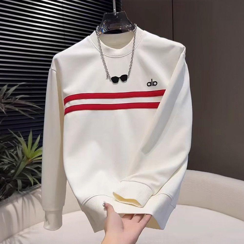 Men s Fashionable Contrasting Striped Crewneck Sweatshirt with Embroidered Letters - Casual, Versatile, and Comfortable Long Sleeve Top. 4XL бежевый