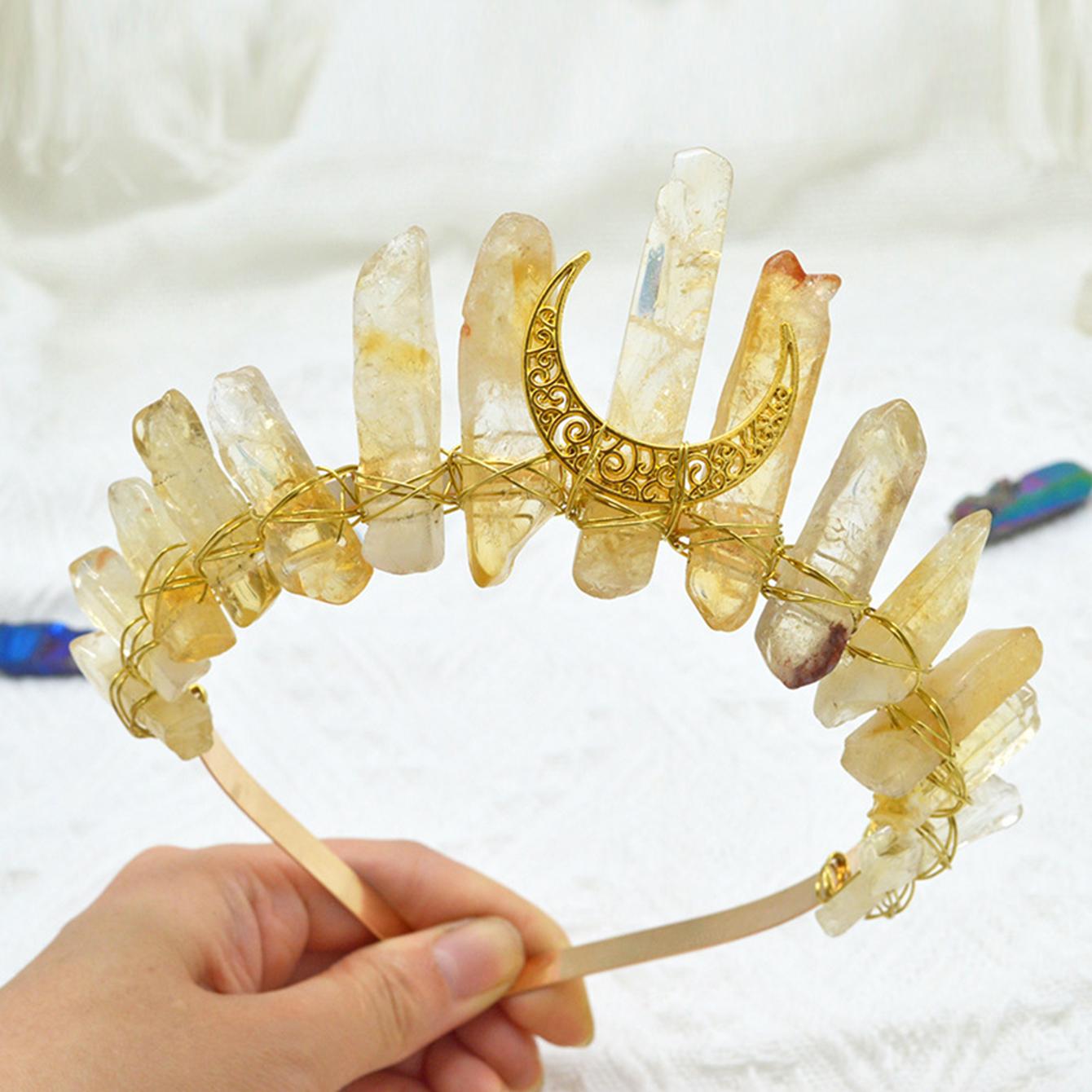 

Тиара из необработанного кристалла, повязка на голову с короной, натуральный кварц, головной убор богини Луны и ведьмы для викканского косплея, вечерние головные уборы