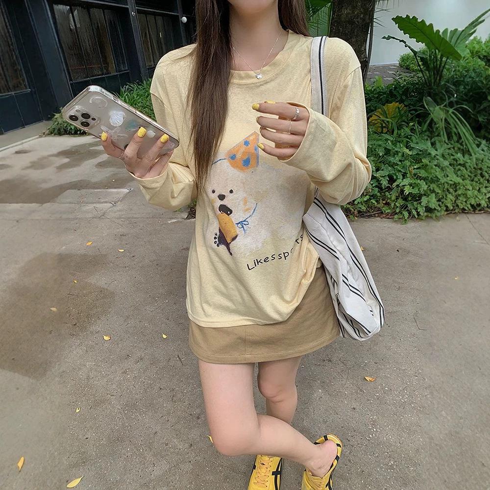 Slack Puppy Print Yellow Long-sleeved T-shirt Women's Summer New Korean Loose Sunscreen Versatile Crew Neck Top