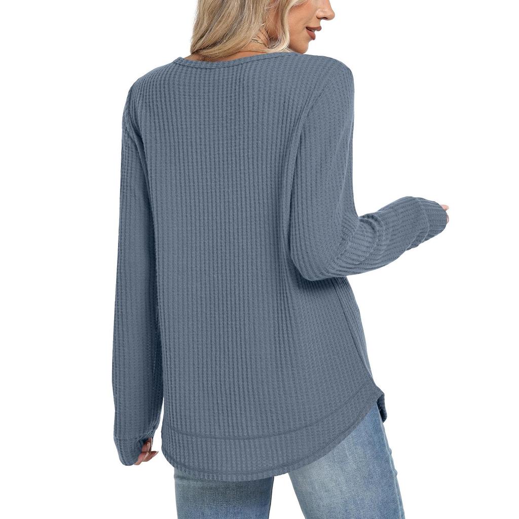 2025 European Style Women's Casual Loose Solid Long Sleeve Waffle Knit Round Neck Top