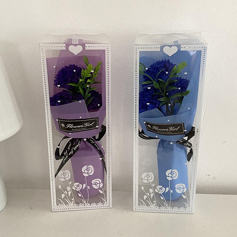 Artificial Carnation Floral Gift Box - Delicate Flower Arrangement In The Clear Plastic Box with Ribbon Decoration