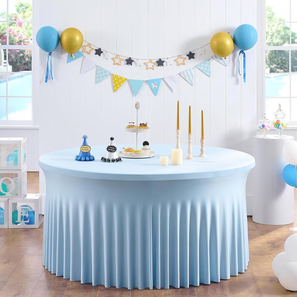 4/5/6ft Spandex Round Wedding Table Cover Wrinkle Free Stretch Fitted with Ruffle Skirt For Baby Shower Wedding Party Banquet