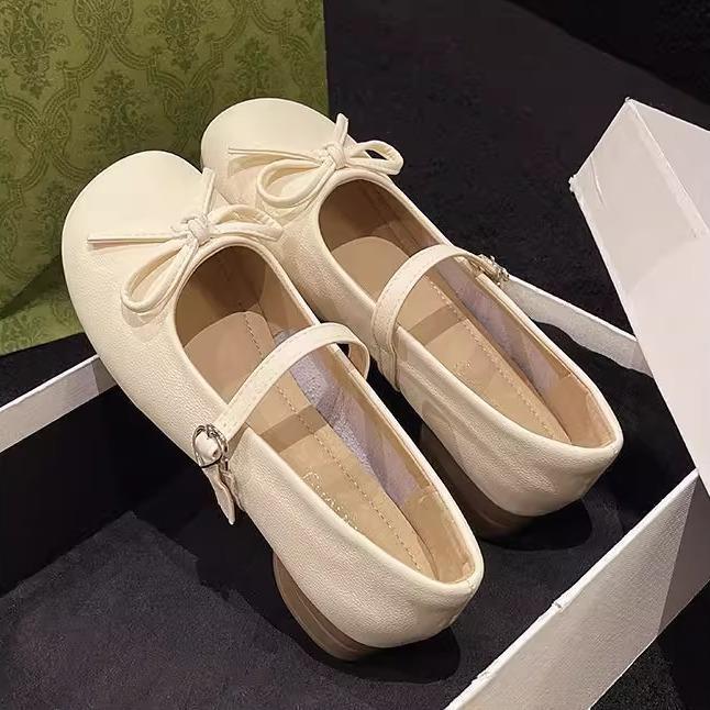 Shoes Women's Summer Versatile Mary Jane Shoes Bow Small Leather Shoes Gentle French Round Head Retro Fairy Style Single Shoes