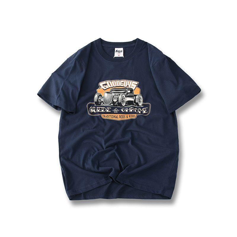 American Retro Racing Style Pure Cotton Short-Sleeved T-shirt Men Summer Base Shirt Export Export Vintage Cotton T-shirt Navy blue L