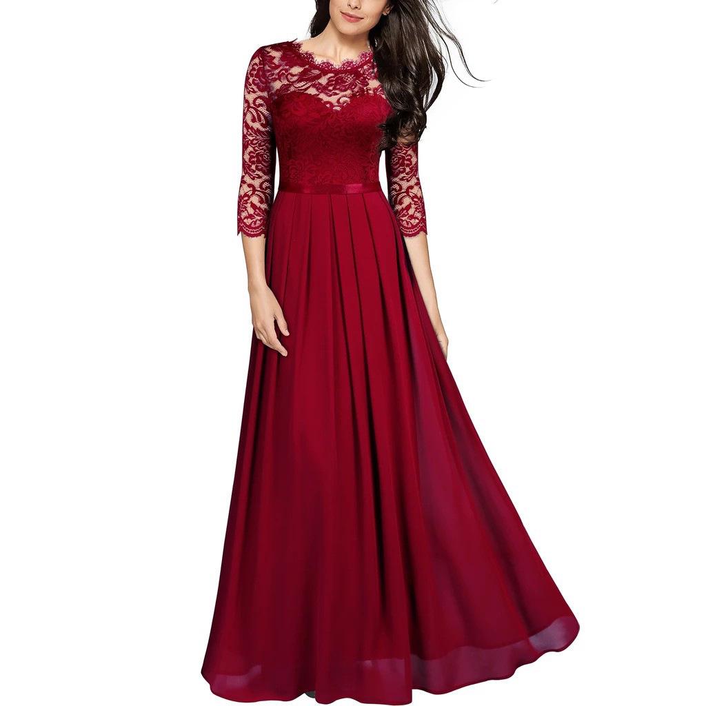 European Style Chiffon Lace Long Evening Dress - Women's Round Neck Gown