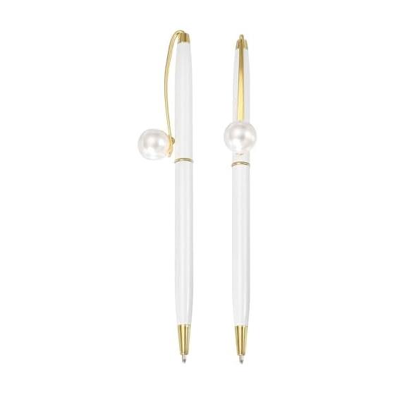 PATIKIL 2 Pcs Pearl Embellished Metal Ballpoint Pens, 1.0mm Black Ink Pens for Wedding, Note Taking, Journaling, Gifts, Office, Elegant Aesthetic,