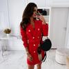 Women Suit Dress Lapel Long Sleeve Double Breasted Mid-length Formal Business Dress with Belt Pockets Suit Dress Workwear