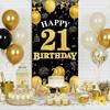 Happy 21st Birthday Decorations for Her Him, Black Gold 21 Birthday Banner Backdrop, Fabric Door Decor Yard Sign Photo Booth Props for Men and Women,