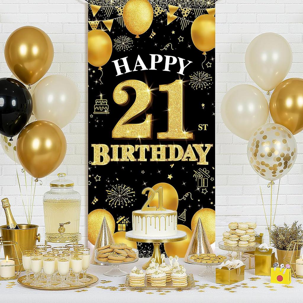 Happy 21st Birthday Decorations for Her Him, Black Gold 21 Birthday Banner Backdrop, Fabric Door Decor Yard Sign Photo Booth Props for Men and Women,