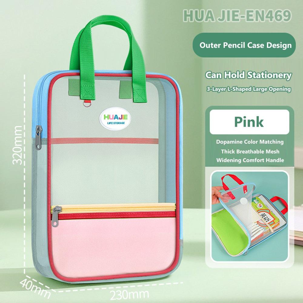 

L-shape Large Opening Tutoring Bag Transparent Zipper Storage Bag School Office Red 01