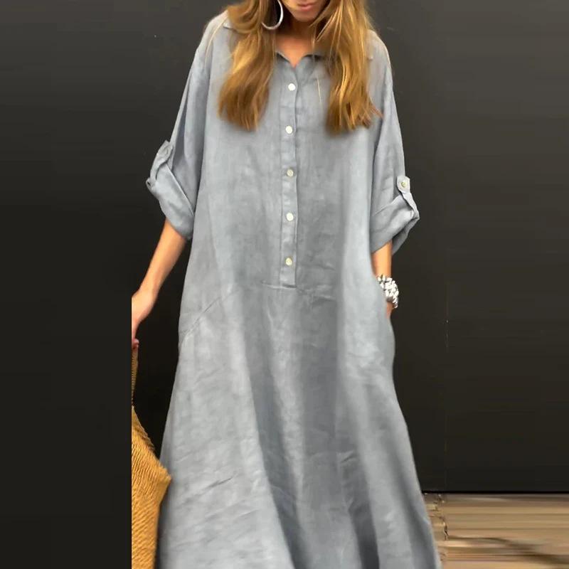 2024 Women's Summer Casual Long Dress - Cotton Linen Blend, Plus Size, Pocket Shirt Collar