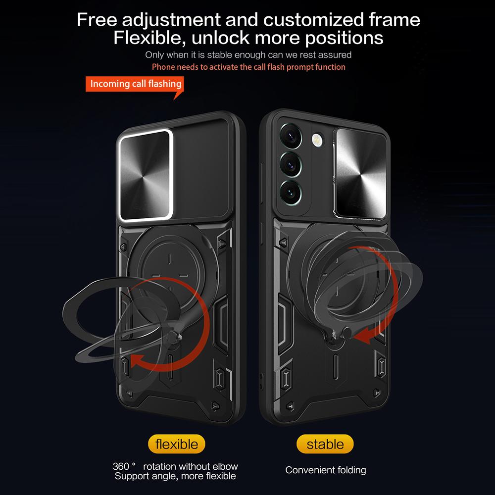 For Samsung Galaxy S22 5G Rotatable Kickstand Back Cover PC+TPU Phone Case with Slide Camera Lid