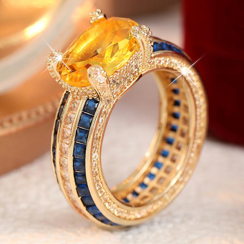 Exquisite Inlaid White Blue Champagne CZ Women's Ring Trendy Gold Color Geometry Daily Wear Party Jewelry Anniversary Gift