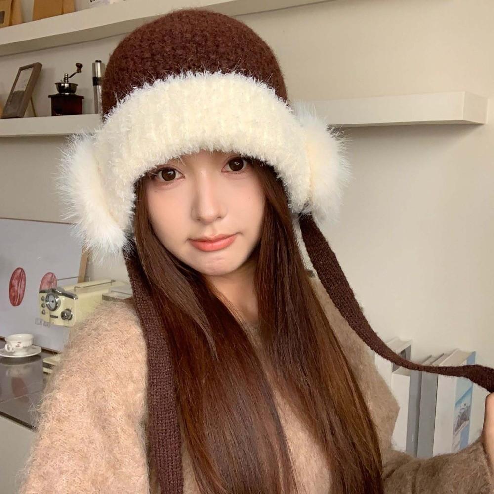 Solid Color Plush Earflap Cap Premium Plush Fluffy Warm Hat Winter Knit Hat  Chilly Days