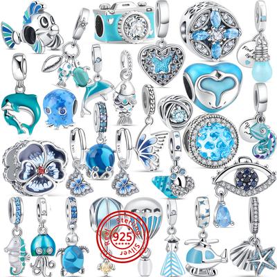Colgante de plata 925 con estampado de pata de pez azul cielo, mariposa, delfín y pavé brillante, compatible con pulseras originales, joyería para mujer