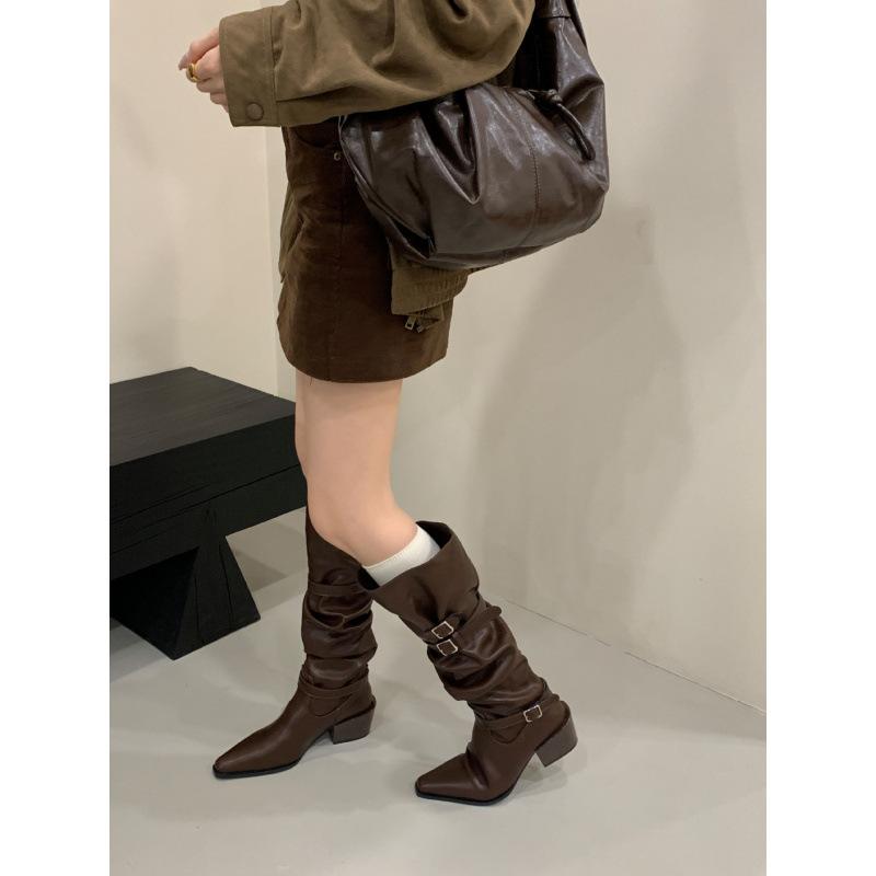 

2025 new fashionable versatile European and American suede square heel knight boots long boots thin high boots women 39 темно-коричневого