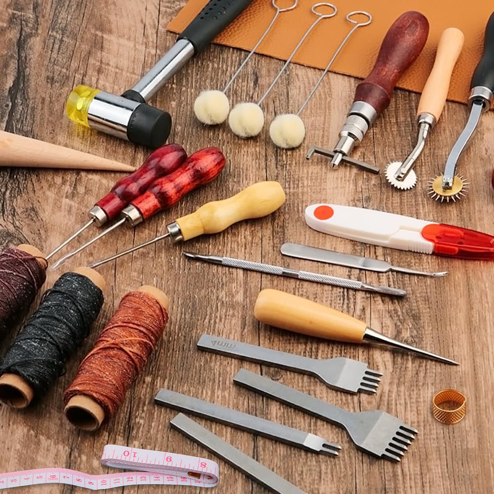 Samcos Skórzane Narzędzia Skórzane Zestaw do Praktyki Skóry Igły Skórzane i Narzędzie do Dziurkowania Przycinanie Skóry Diamentowe Polerowanie Krawędzi Mierzenie Klej