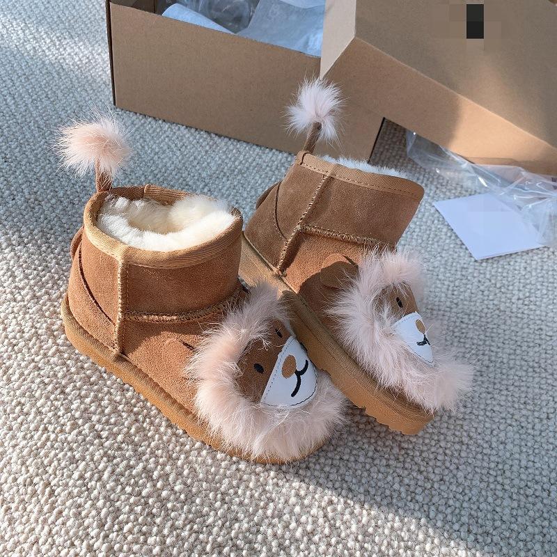 Genuine Leather and Fur Short Boots Little Lion Cartoon Snow Boots for Children Non-slip Warm Cotton Shoes