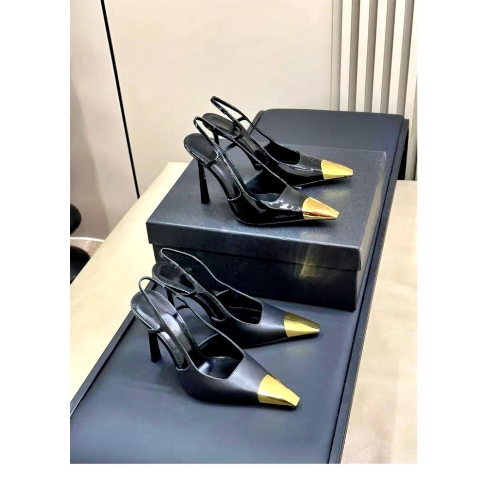 Damskie Sandały na Wysokim Obcasie Projektanta Letnie Nowe Metalowy Kwadratowy Nosek Lakierowana Skóra Czarne Szpilki Seksowne Party Sandały z Paskiem na Pięcie