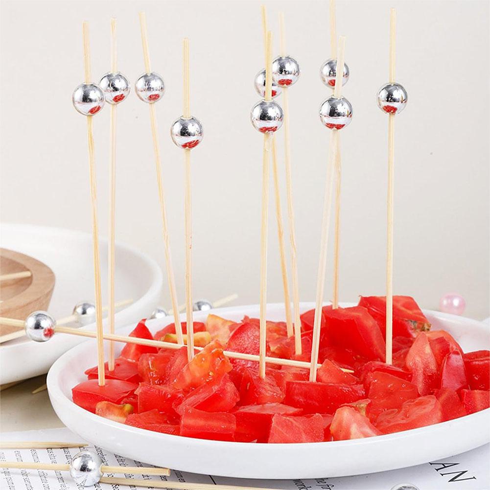 100 Stück Gold Silber Weiß Perlen Bambusspieße Obst Perlen Bambusspieße Party Kuchen Dessert Cocktail Essen Buffet Zahnstocher