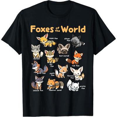Kawaii Fox Animals of the World Educational Animal Lover T Shirts Men Streetwear Tee Shirt Short Sleeve Unisex Loose Clothing