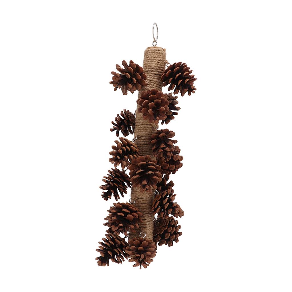 Birds Bite Toy Wooden Pine Cone Hanging Parrots Beak Grinding Toy with Metal Hook for Cage40cm