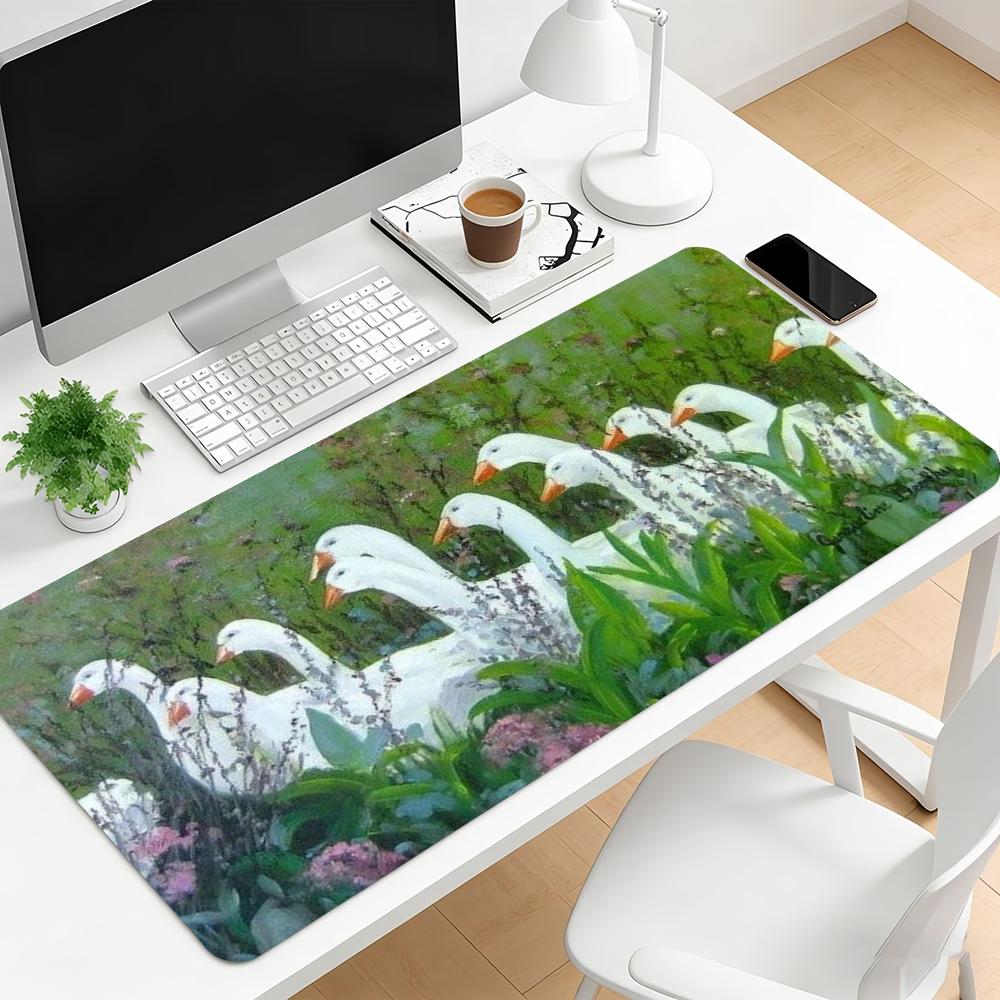 Cute White Geese Plants Large Mouse Pad Non Slip Rubber Base Floral Garden Print Gaming Desk Mat Mousepad For Girl Style