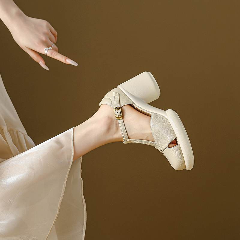 Krazing Pot Sheep Skin Round Toe Size 41 Thick Round High Heels Buckle Straps Hollow Platform Gladiator Autumn Pumps