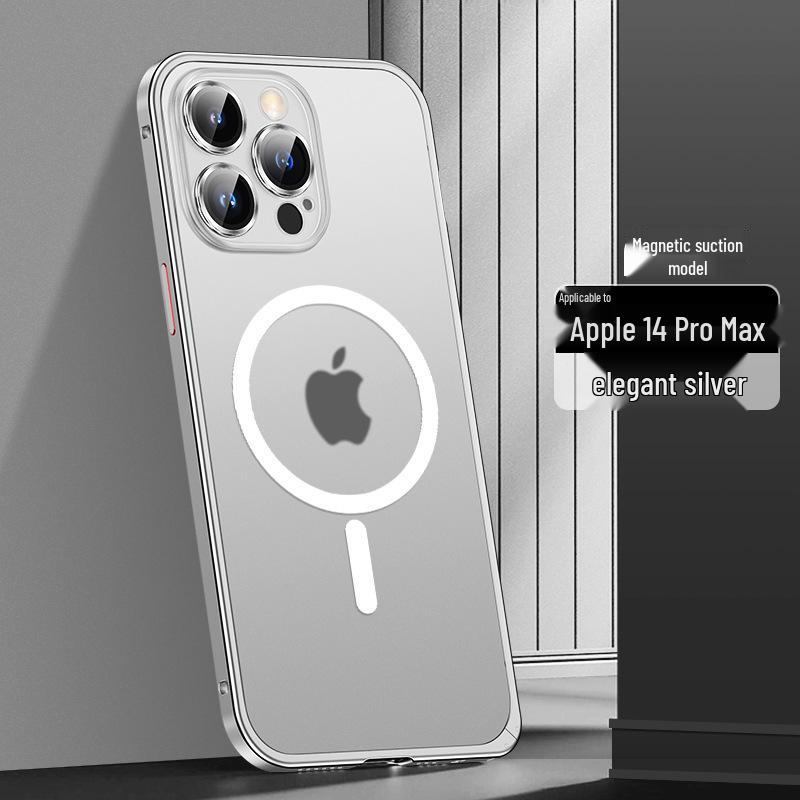 Cross13 Magnetic Metal Frame Phone Case with Lens Protection for Apple 14 - Drop-proof, Frosted, Semi-transparent, Creative Design.