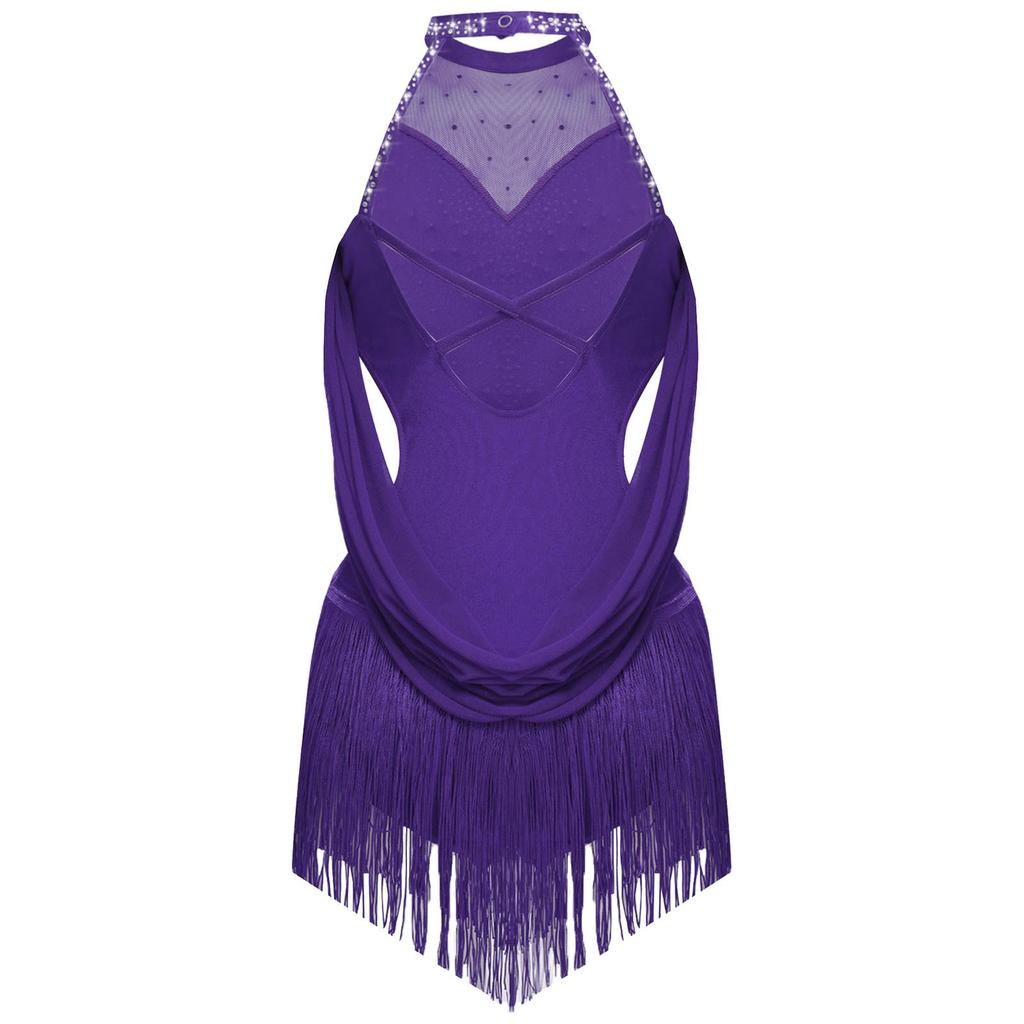 Mädchen Glitzernde Strasssteine Gerafftes Mesh Drapierungen Ausschnitt Quaste Trikot Latein Tanzkostüm