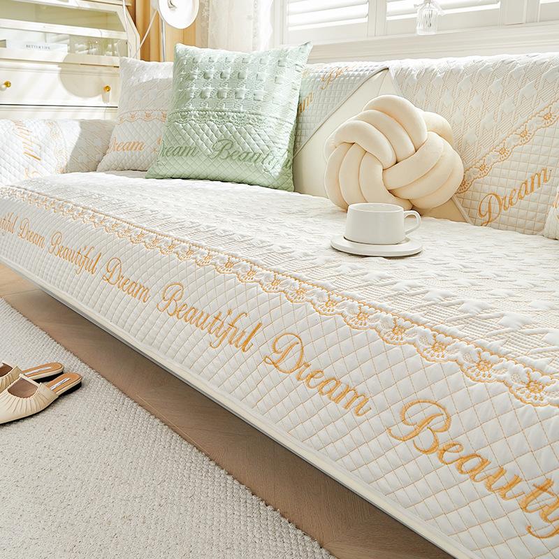 Washed Cotton Embroidered Sofa Cushion Household Anti Slip Combination Sofa Cover Living Room Seat Backrest Solid Color Sofa Mat