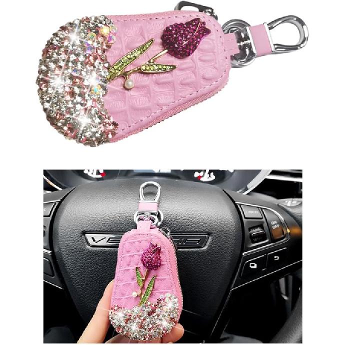 Mandark Bling Car Key Case,  Leather Crystal Rhinestone Vehicle Key Fob Protector, Automotive Smart Keychain Holder for Remote Key Fob, Universal