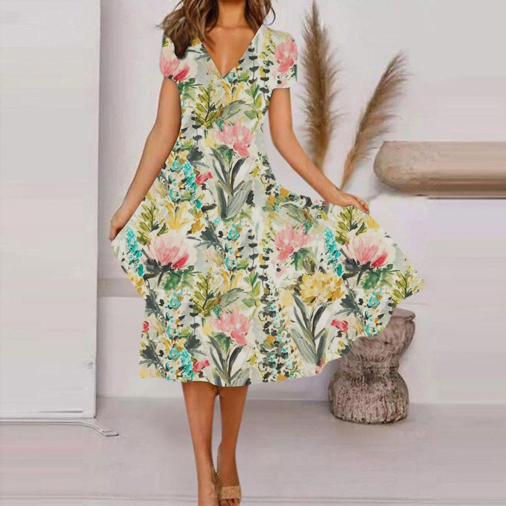 Women's Summer Casual Fashion Floral Print Short Sleeve V-Neck Swing Dress