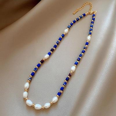 Nouvel Arrivage 100% Naturel Perle d'Eau Douce & Pierre Lapis-Lazuli Plaqué Or 14K Chaîne de Perles Féminine Collier Pour Femmes