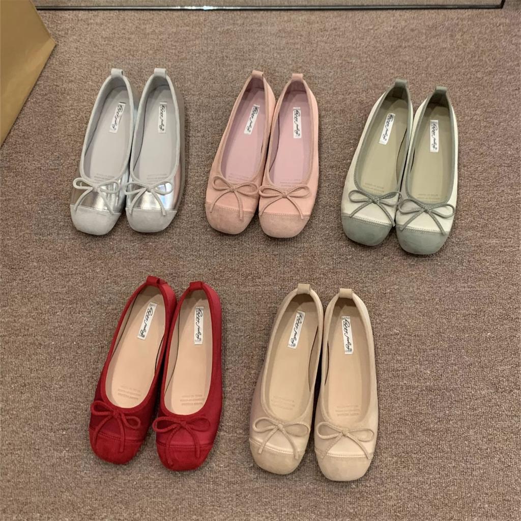 Soft-soled red spring and autumn gentle small single shoes women's shoes flat-soled 2025 evening shoes French silver ballet shoes