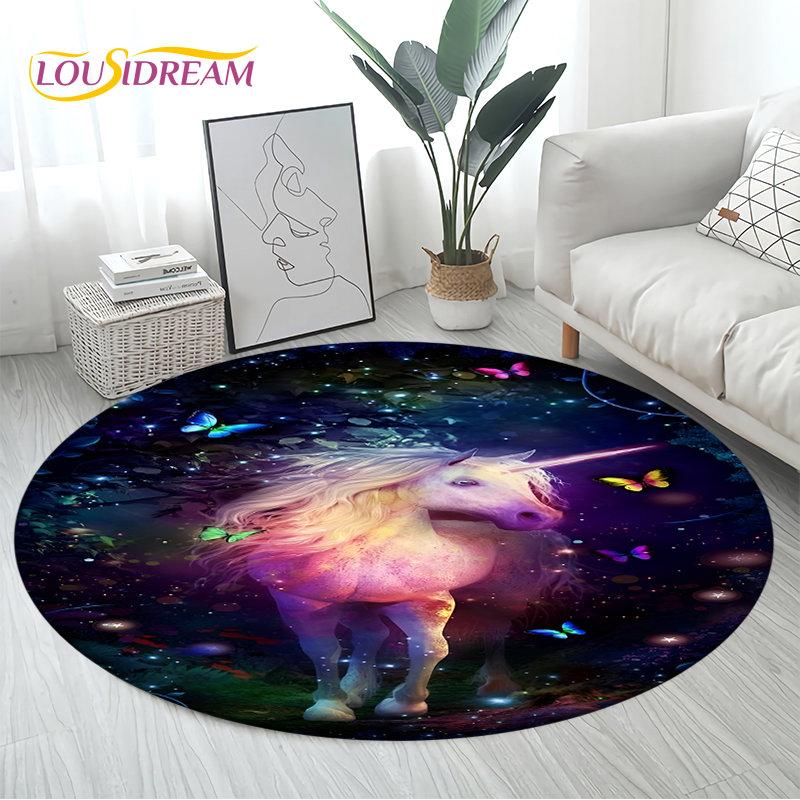 3D Cartoon Cute Unicorn Area Rug Large,Round Carpet Rug for Living Room Bedroom Sofa Decoration,Children Play Non-slip Floor Mat
