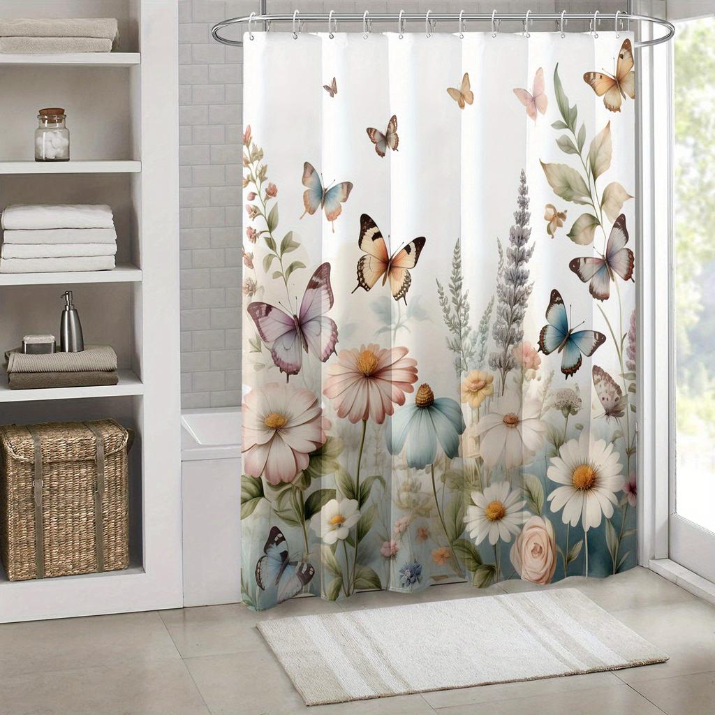 [1pc Butterfly Shower Curtain] Polyester 1pc Butterfly Flower Print Shower Curtain,with Hooks