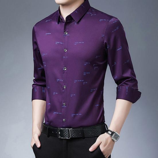 Modna męska koszula z długim rękawem, kołnierzykiem typu turn-down, nadrukiem w litery/paski i guzikami