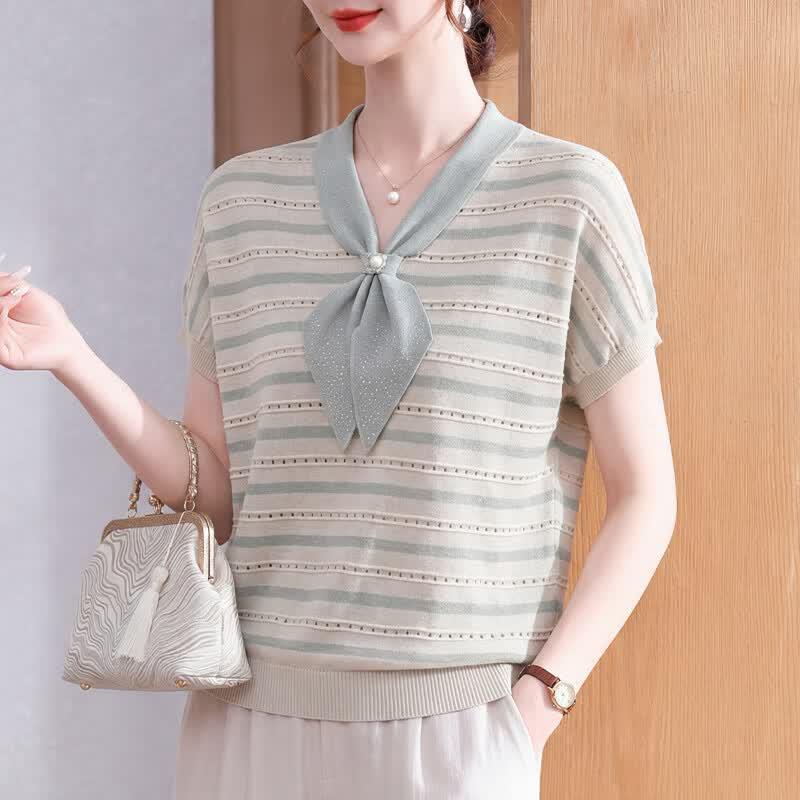 Xuexi Women s 2026 Summer Ice Silk Striped Short-Sleeve Knit T-Shirt 2XL